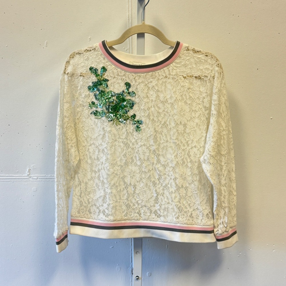 Stellah XS White Floral Lace Sequin Applique Striped Trim Top SK7367